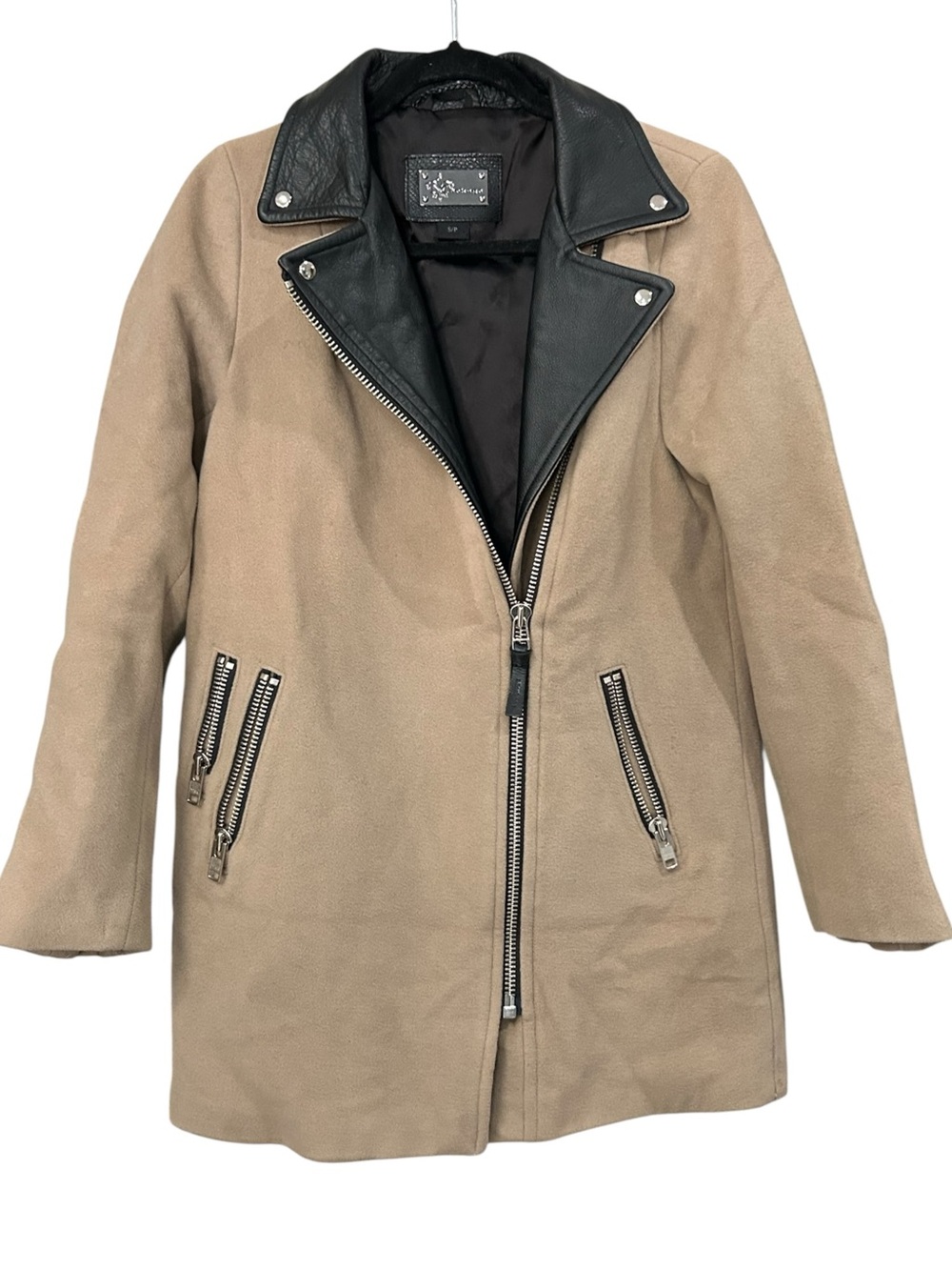 Mackage Wool Leather Cashmere Coat Sz S Two-Tone Black Tan Brown Zippered Front